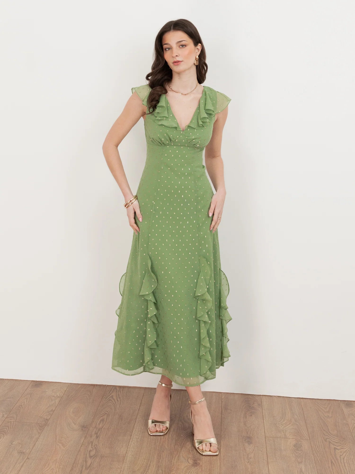 Elegant V Neck Ruffle Trim Gold Dot Print Tie Back Ruffle Hem Midi Prom Dress For Formal Evening Gala Wedding Guest