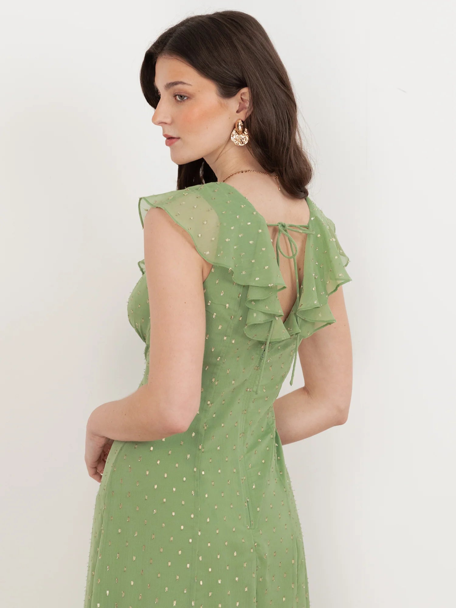 Elegant V Neck Ruffle Trim Gold Dot Print Tie Back Ruffle Hem Midi Prom Dress For Formal Evening Gala Wedding Guest