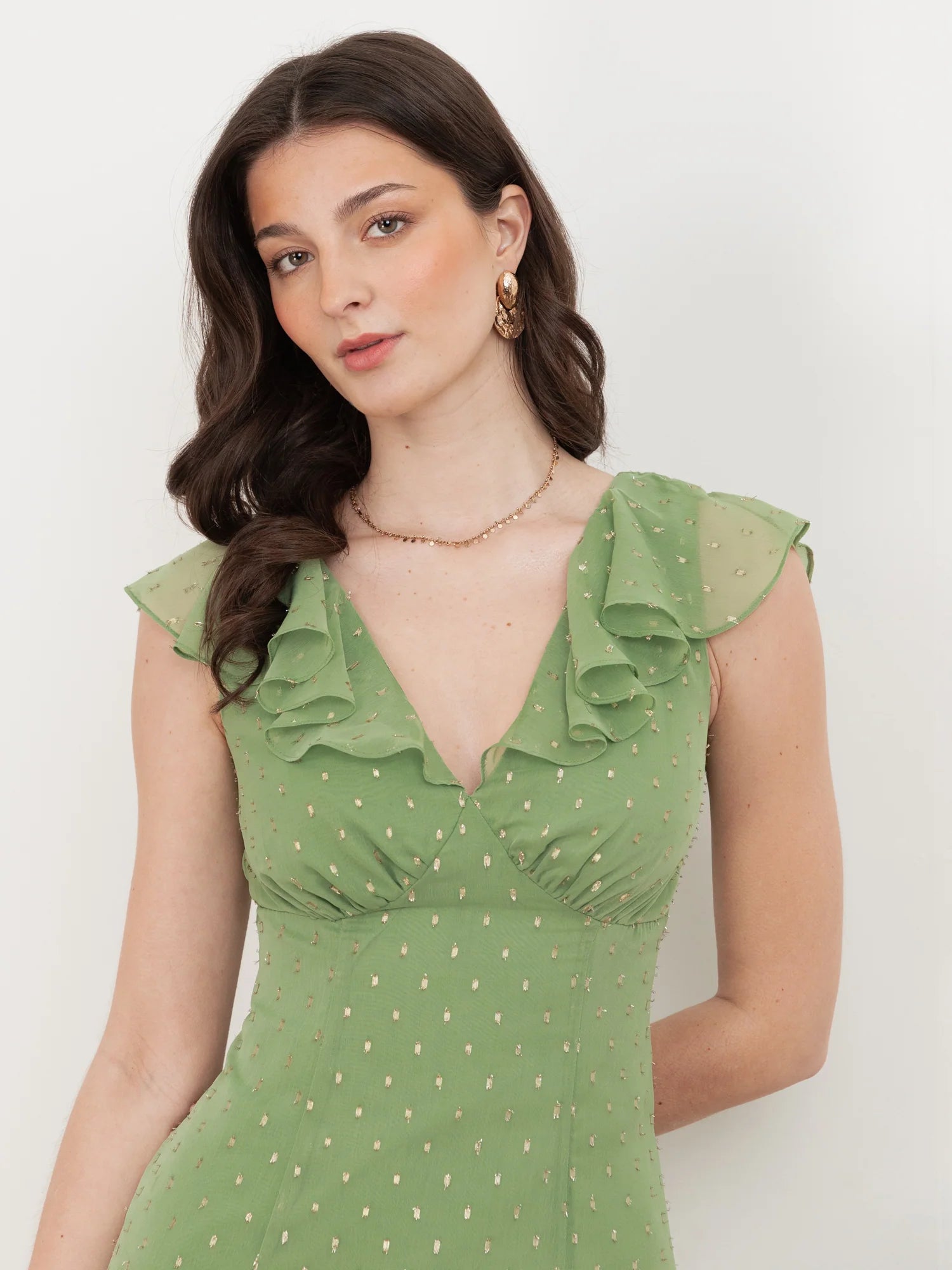Elegant V Neck Ruffle Trim Gold Dot Print Tie Back Ruffle Hem Midi Prom Dress For Formal Evening Gala Wedding Guest