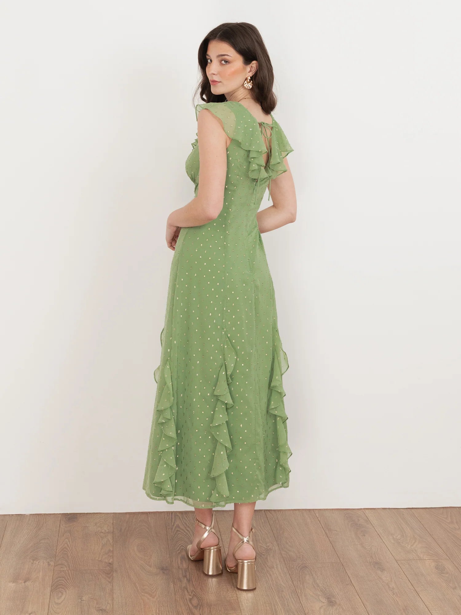 Elegant V Neck Ruffle Trim Gold Dot Print Tie Back Ruffle Hem Midi Prom Dress For Formal Evening Gala Wedding Guest