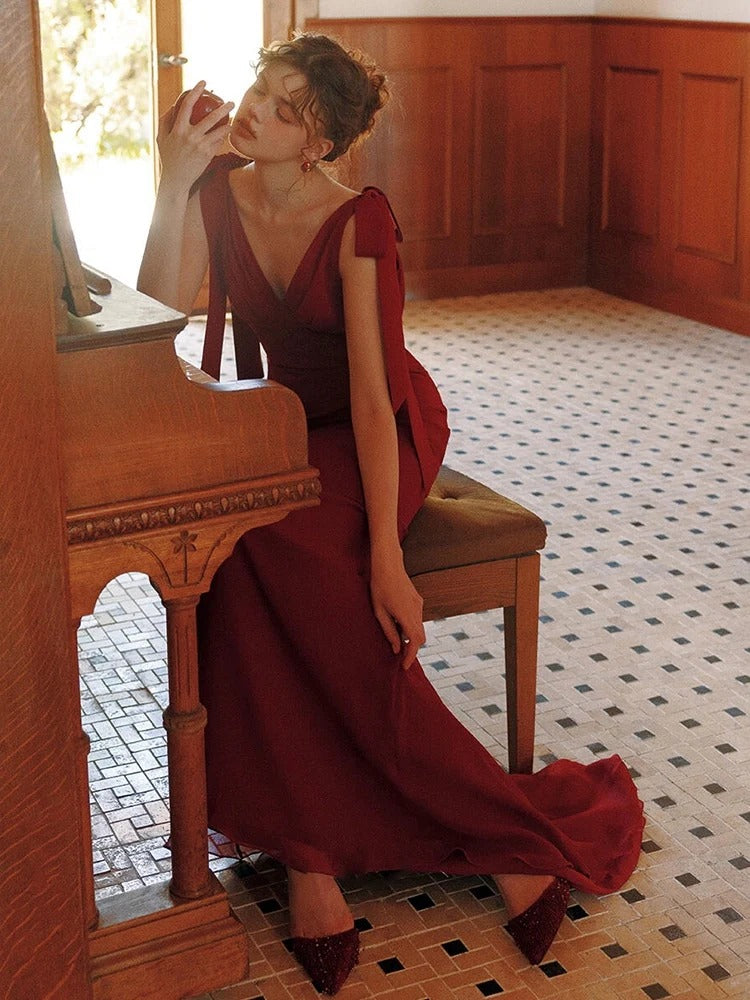 Elegant V Neck Sleeveless Bow Shoulder Backless Mermaid Maxi Prom Dress