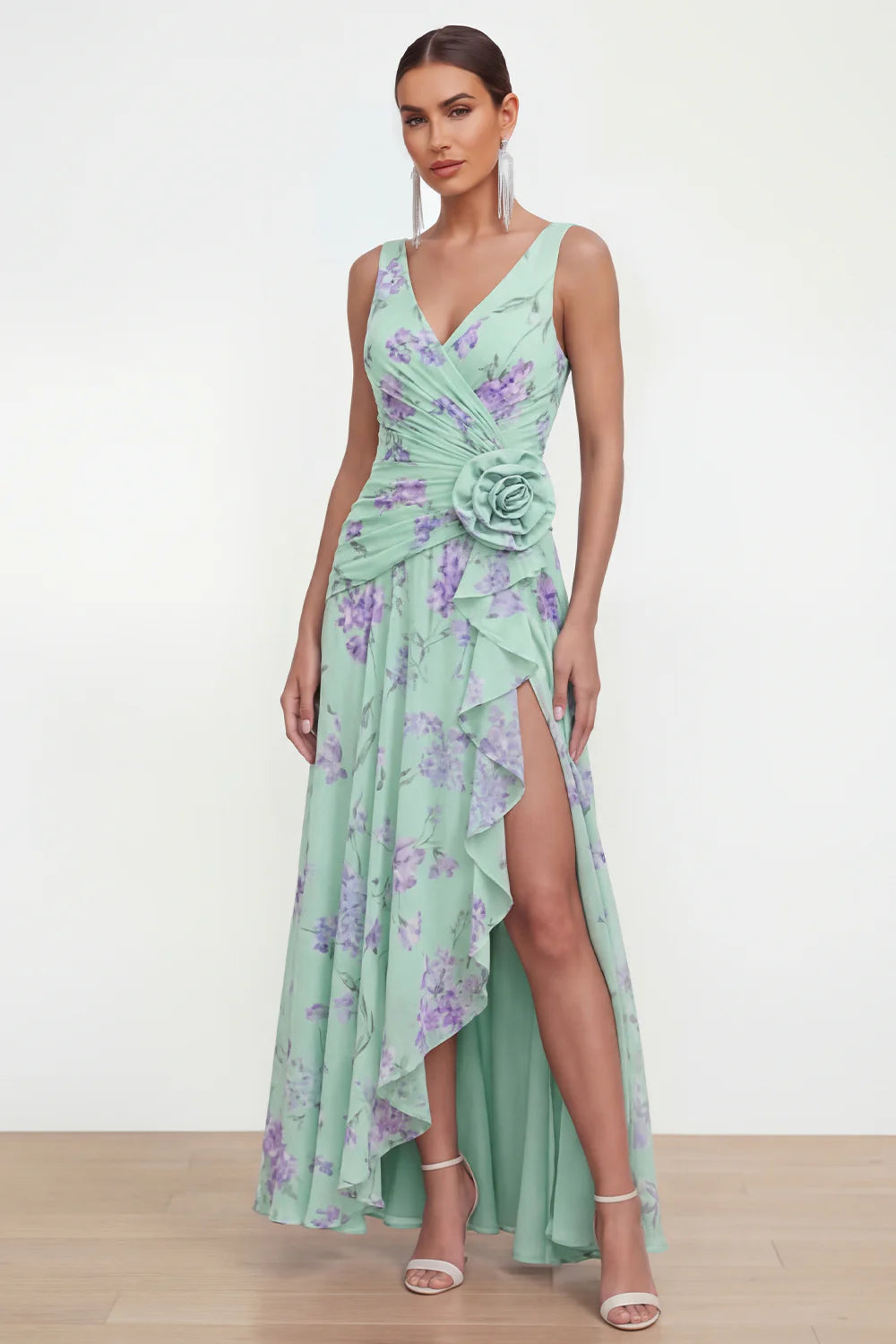 Elegant V Neck Sleeveless Ruched Waist 3D Floral Applique Purple Floral Print Chiffon Ruffled High Slit Maxi Prom Dress
