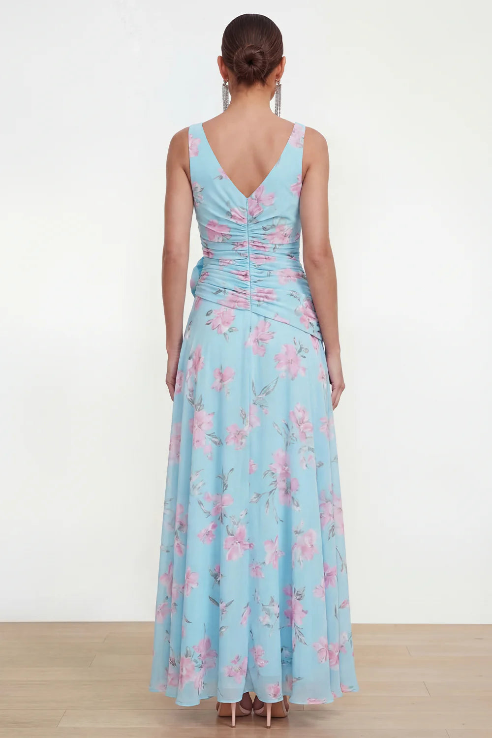 Elegant V Neck Sleeveless Ruched Waist 3D Floral Applique Purple Floral Print Chiffon Ruffled High Slit Maxi Prom Dress