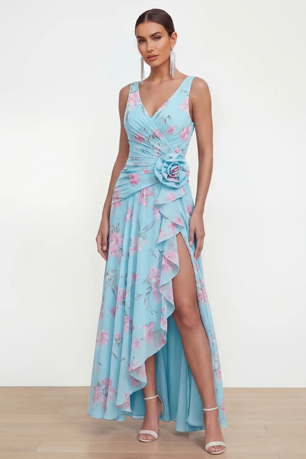 Elegant V Neck Sleeveless Ruched Waist 3D Floral Applique Purple Floral Print Chiffon Ruffled High Slit Maxi Prom Dress