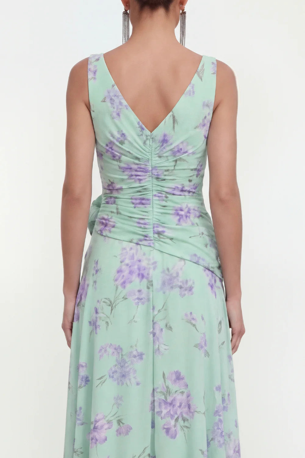 Elegant V Neck Sleeveless Ruched Waist 3D Floral Applique Purple Floral Print Chiffon Ruffled High Slit Maxi Prom Dress