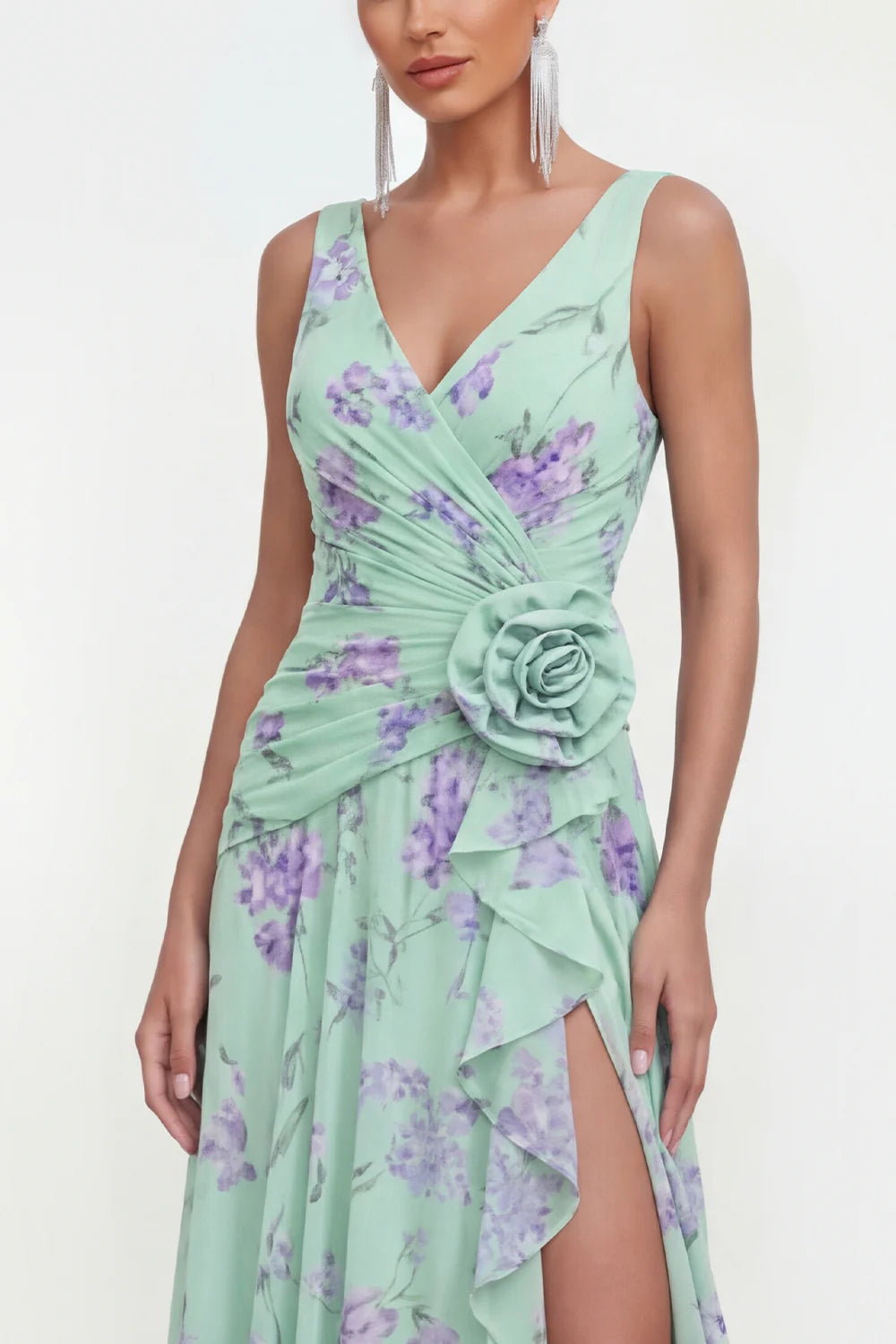 Elegant V Neck Sleeveless Ruched Waist 3D Floral Applique Purple Floral Print Chiffon Ruffled High Slit Maxi Prom Dress
