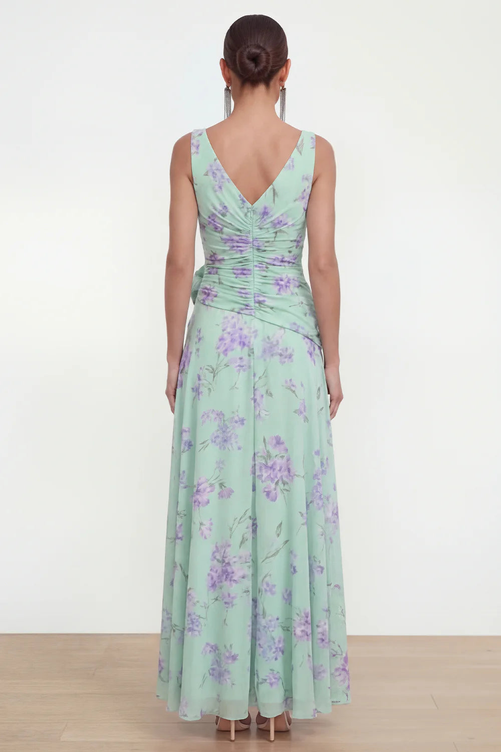 Elegant V Neck Sleeveless Ruched Waist 3D Floral Applique Purple Floral Print Chiffon Ruffled High Slit Maxi Prom Dress