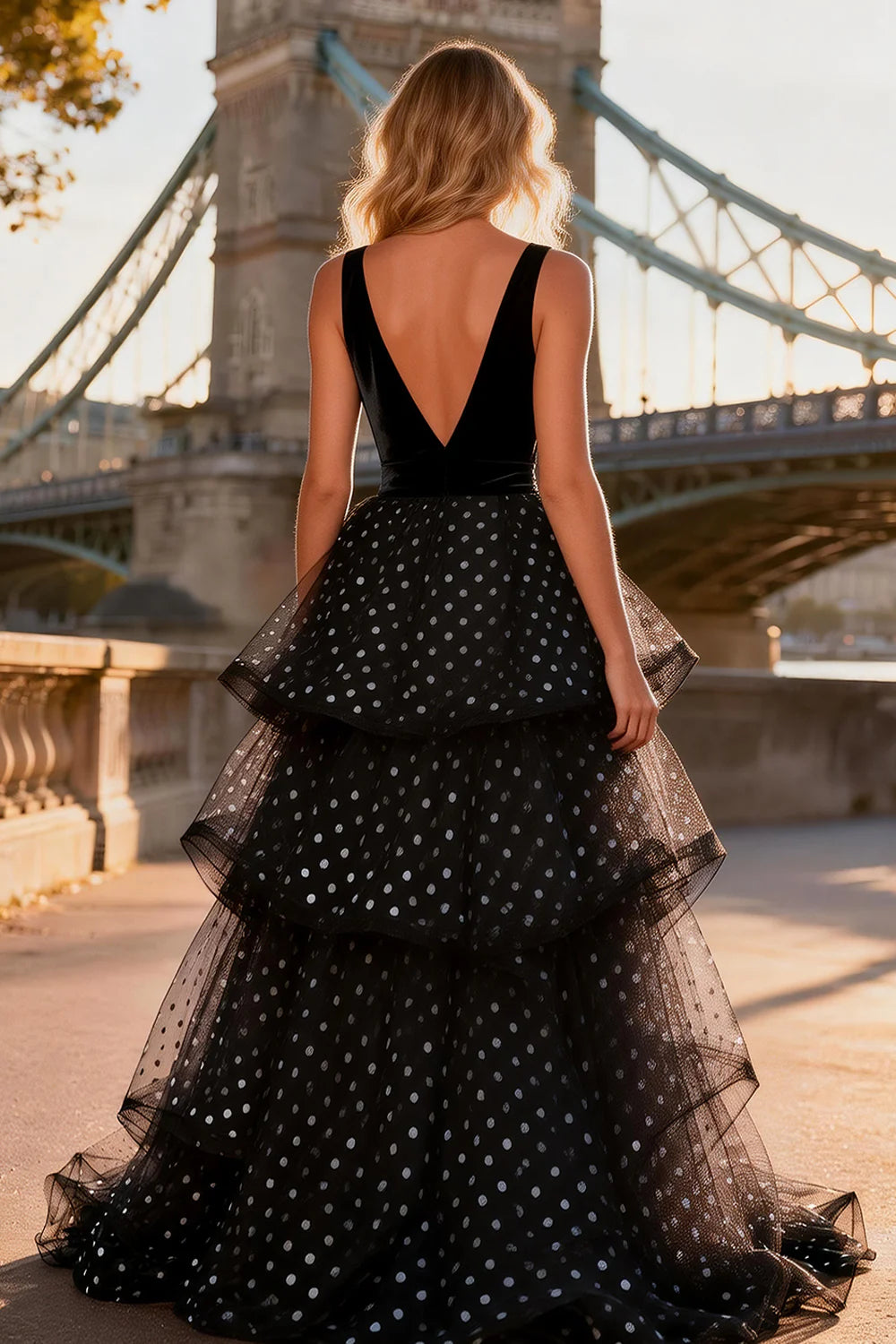 Elegant V Neck Velvet Bodice Polka Dot Tiered Ruffle High Slit Backless Prom Dress