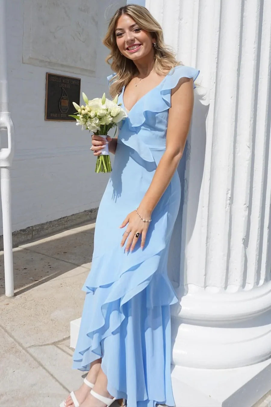 Elegant V Neckline Ruffle Trim Open Back Ruched Bodice Layered Ruffle Hem Mermaid Maxi Evening Dress For Formal Evening Prom Wedding Guest Bridesmaid Beach Wedding Cocktail Party Gala