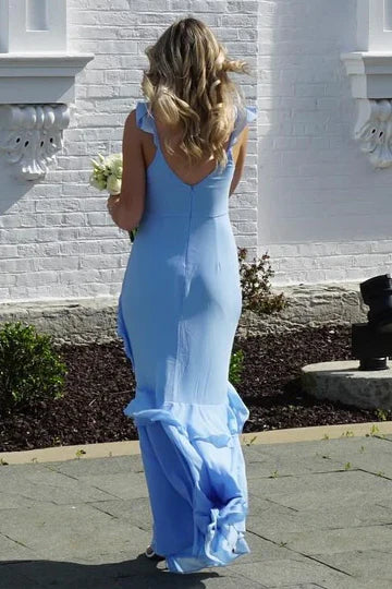 Elegant V Neckline Ruffle Trim Open Back Ruched Bodice Layered Ruffle Hem Mermaid Maxi Evening Dress For Formal Evening Prom Wedding Guest Bridesmaid Beach Wedding Cocktail Party Gala