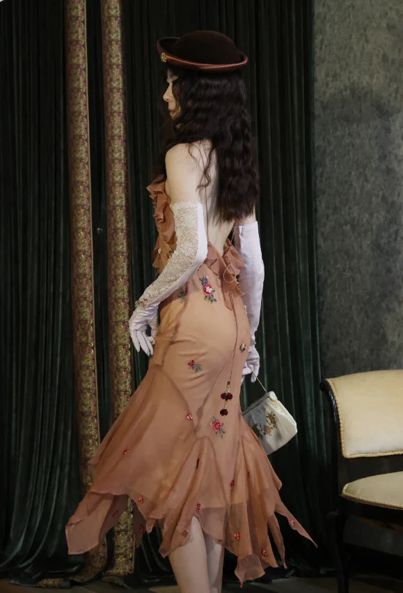 Elegant Vintage Caramel Prom Dress With Floral Embroidery Ruffled Neckline And Asymmetric Mermaid Hem For Formal Evening Party