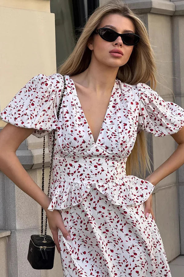 Elegant White Floral Print V Neck Puff Sleeve Peplum Waist Midi Prom Dress For Bridal Shower Brunch Party