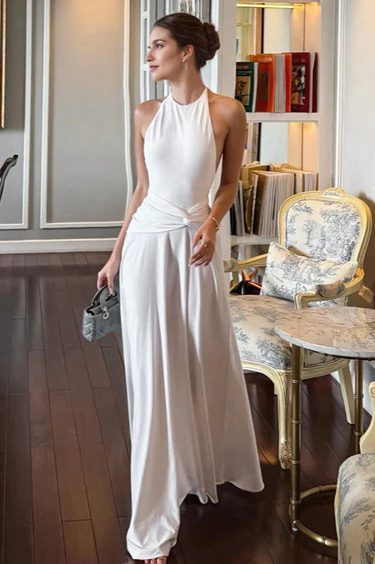 Elegant White Halter Twist Waist A Line Maxi Prom Dress For Wedding Guest Cocktail Party