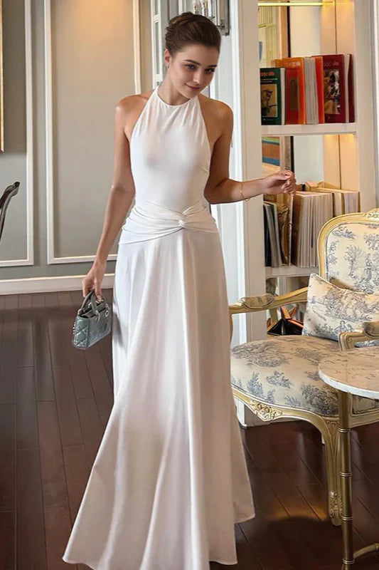 Elegant White Halter Twist Waist A Line Maxi Prom Dress For Wedding Guest Cocktail Party
