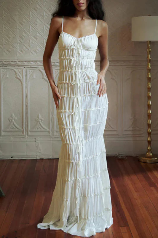 Elegant White Spaghetti Strap Tiered Lace Up Back Maxi Prom Dress For Bridal Shower Outdoor Wedding