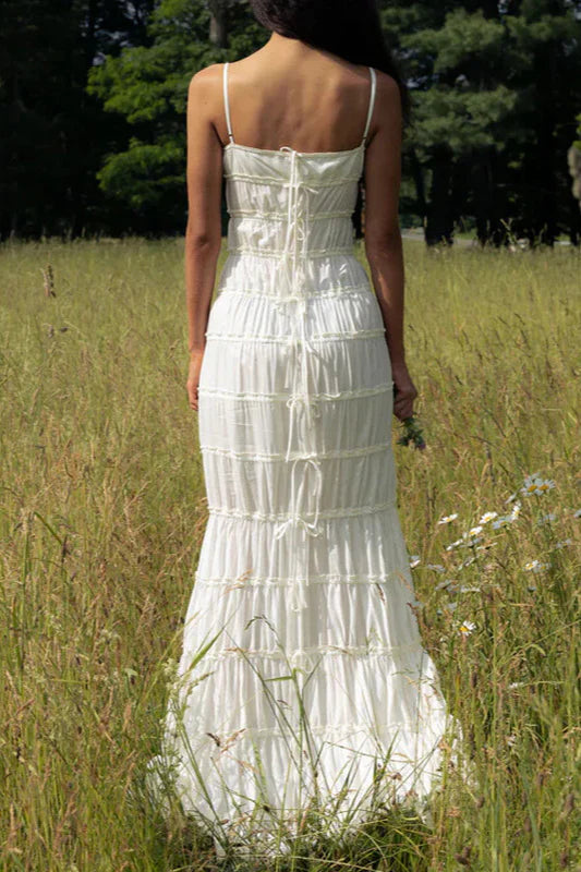 Elegant White Spaghetti Strap Tiered Lace Up Back Maxi Prom Dress For Bridal Shower Outdoor Wedding