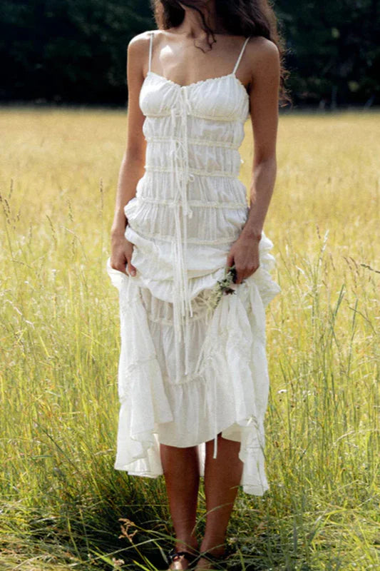 Elegant White Spaghetti Strap Tiered Lace Up Back Maxi Prom Dress For Bridal Shower Outdoor Wedding