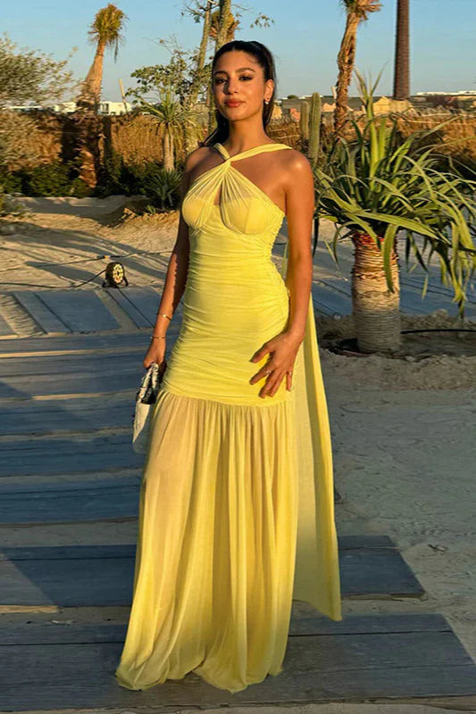 Elegant Yellow Halter Keyhole Ruched Maxi Prom Dress With Flowy Sheer Skirt And High Slit For Beach Party Cocktail Wedding Guest
