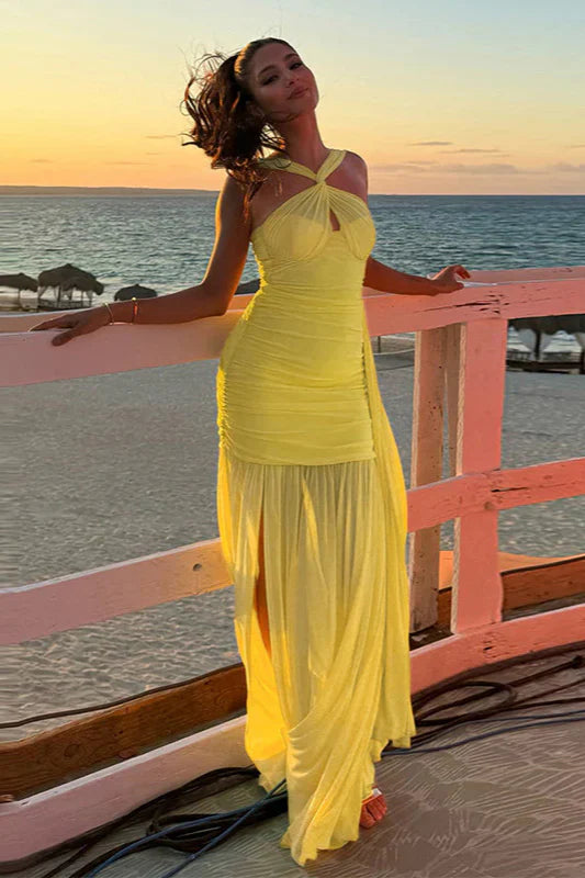 Elegant Yellow Halter Keyhole Ruched Maxi Prom Dress With Flowy Sheer Skirt And High Slit For Beach Party Cocktail Wedding Guest