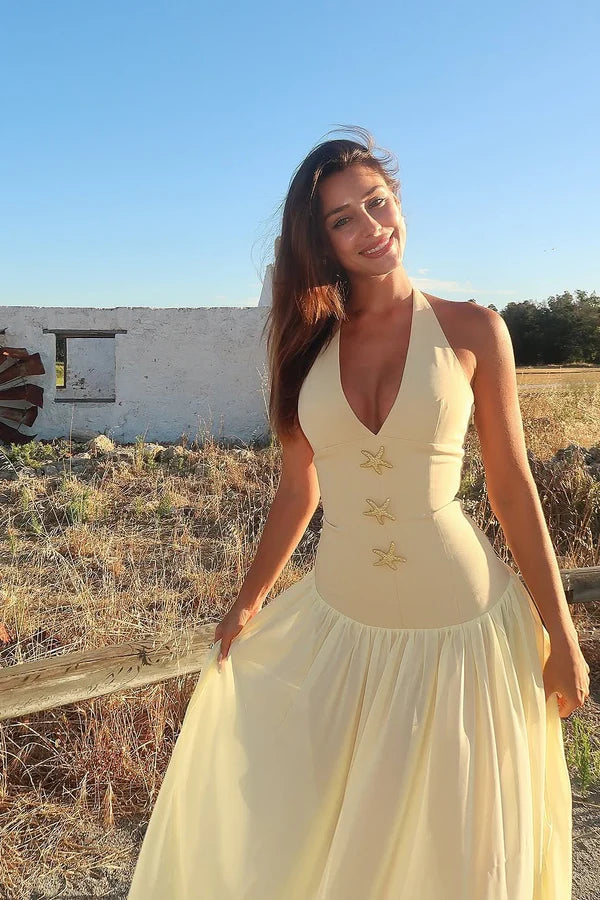 Elegant Yellow Halter V Neck A Line Maxi Prom Dress With Starfish Details For Beach Party Wedding Guest