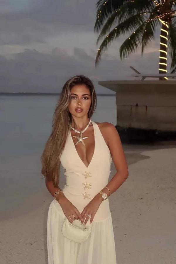 Elegant Yellow Halter V Neck A Line Maxi Prom Dress With Starfish Details For Beach Party Wedding Guest