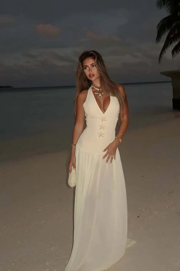Elegant Yellow Halter V Neck A Line Maxi Prom Dress With Starfish Details For Beach Party Wedding Guest