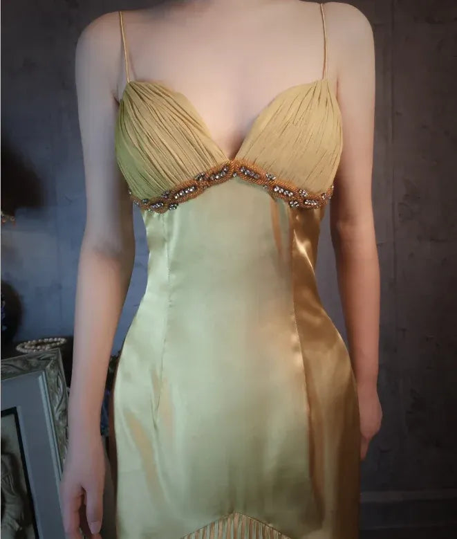 Elegant Yellow Satin V-neck Cross Strap Beaded Mermaid Long Evening Dresses