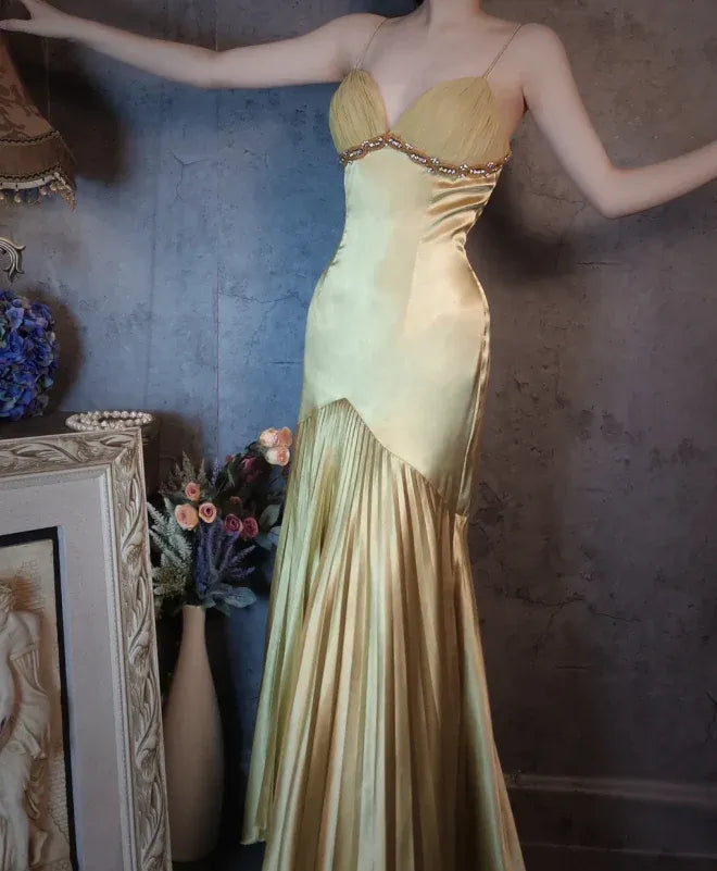 Elegant Yellow Satin V-neck Cross Strap Beaded Mermaid Long Evening Dresses