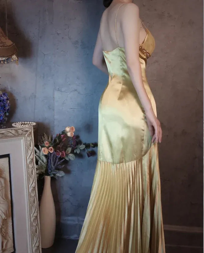 Elegant Yellow Satin V-neck Cross Strap Beaded Mermaid Long Evening Dresses