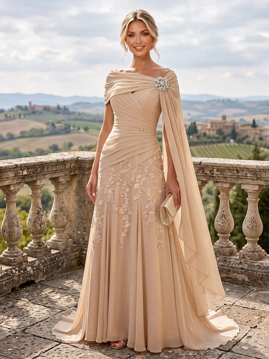 Elegant A-Line Asymmetric Cape Ruched Champagne Mother Of The Bride Dress