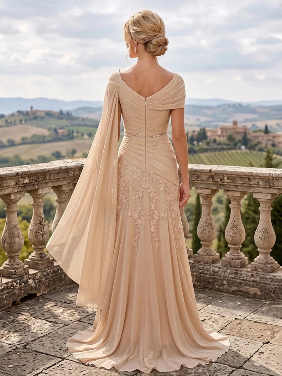 Elegant A-Line Asymmetric Cape Ruched Champagne Mother Of The Bride Dress