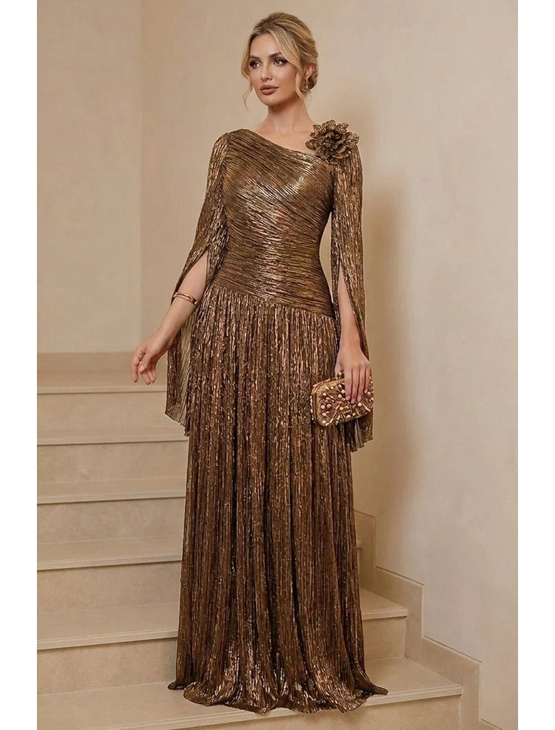 Elegant A-Line Asymmetrical Boat Neck Long Sleeve Pleated Gold Floor-Length Evening Gown