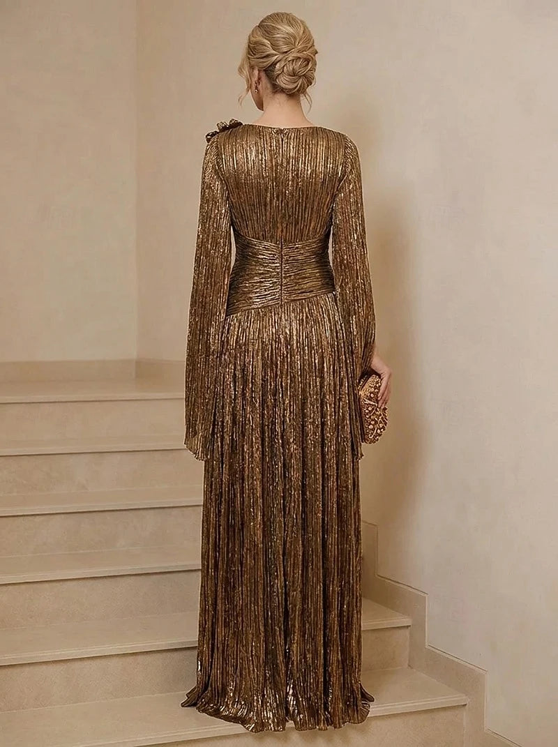 Elegant A-Line Asymmetrical Boat Neck Long Sleeve Pleated Gold Floor-Length Evening Gown