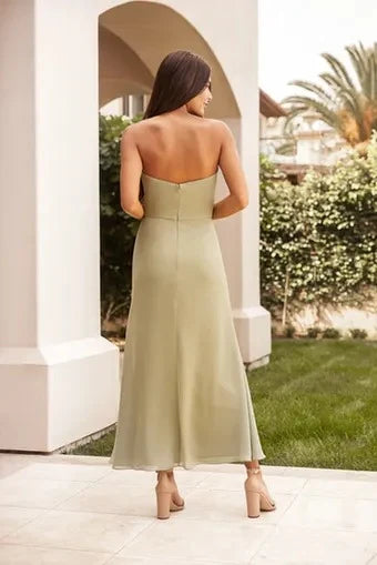 Elegant A-Line Asymmetrical Strapless Slit Sage Green Floor-Length Prom Dress