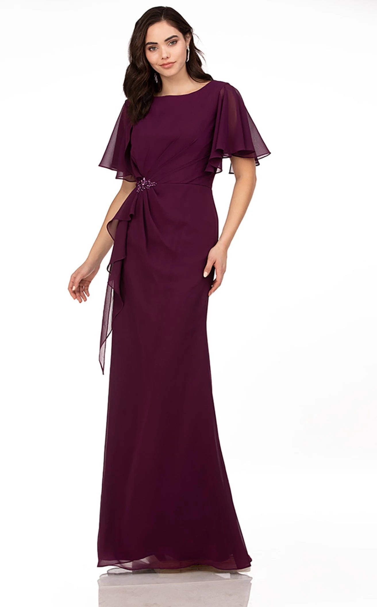 Elegant A-Line Boat Neck Flutter Sleeve Draped Plum Floor-Length Prom Dress