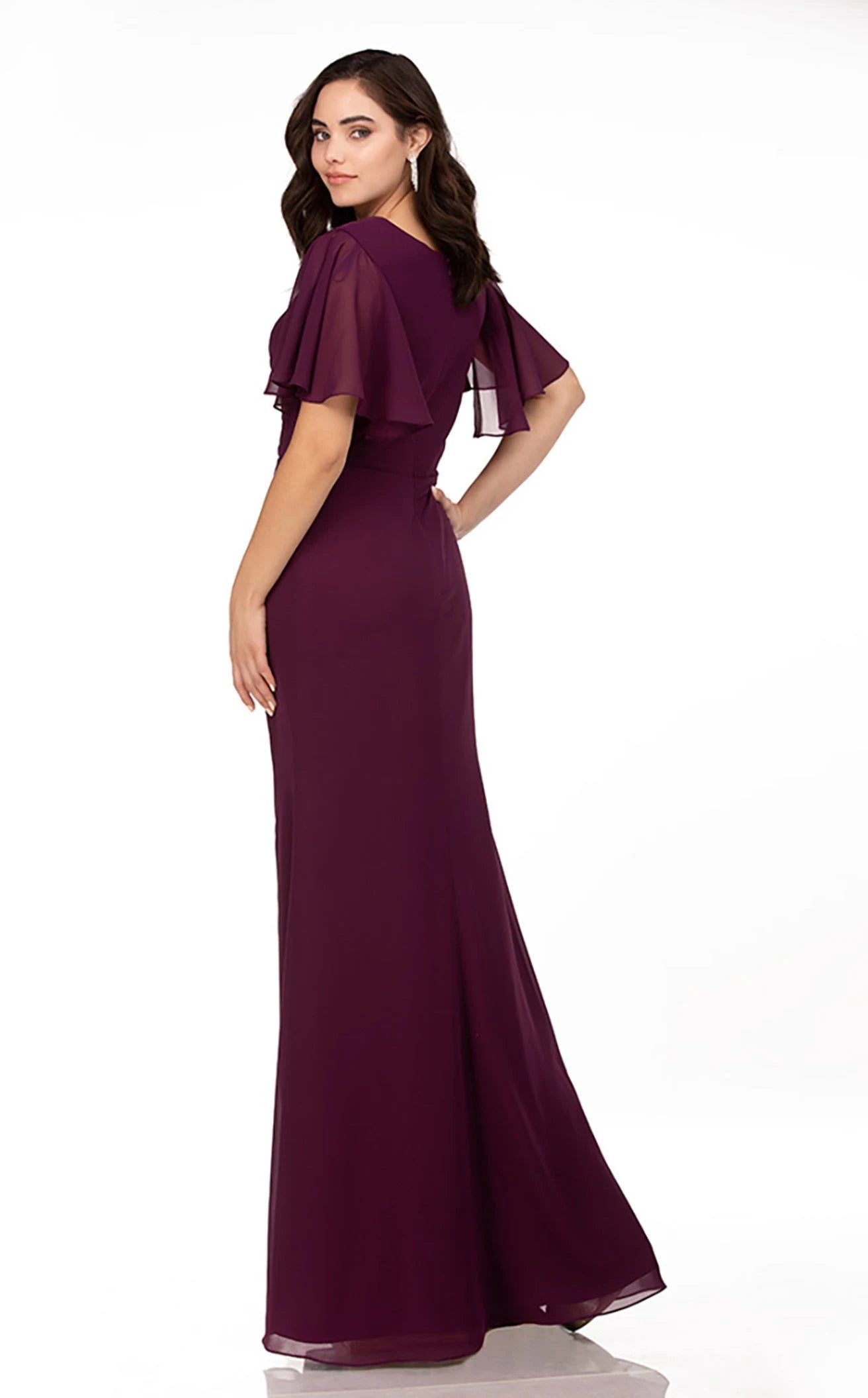 Elegant A-Line Boat Neck Flutter Sleeve Draped Plum Floor-Length Prom Dress