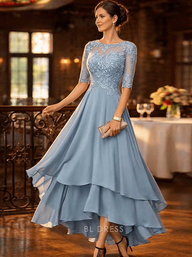 Elegant A-Line Boat Neck Half Sleeve Lace Dusty Blue High-Low Prom Dress