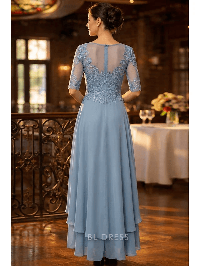 Elegant A-Line Boat Neck Half Sleeve Lace Dusty Blue High-Low Prom Dress