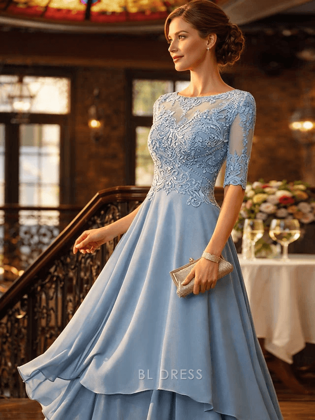 Elegant A-Line Boat Neck Half Sleeve Lace Dusty Blue High-Low Prom Dress