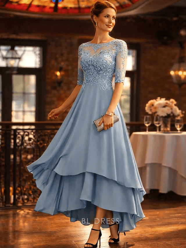 Elegant A-Line Boat Neck Half Sleeve Lace Dusty Blue High-Low Prom Dress