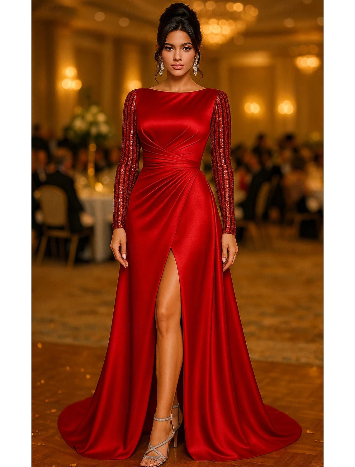 Elegant A-Line Boat Neck Long Sleeve Sequined Slit Ruby Red Evening Dress