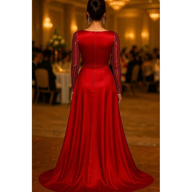 Elegant A-Line Boat Neck Long Sleeve Sequined Slit Ruby Red Evening Dress