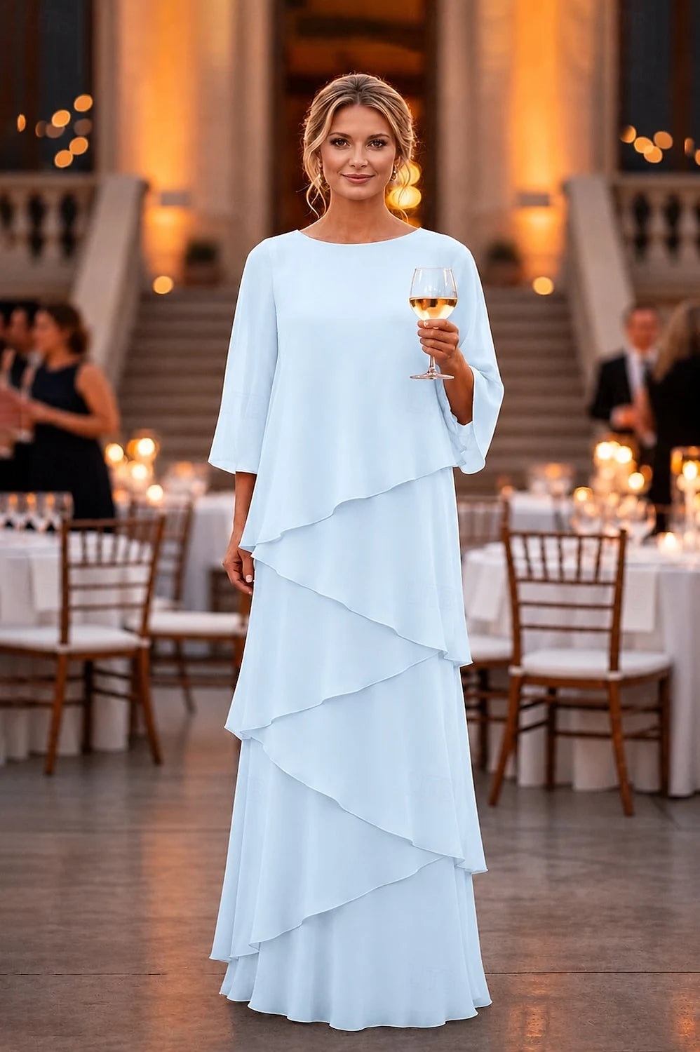 Elegant A-Line Boat Neck Sleeved Tiered Light Blue Maxi Prom Gown