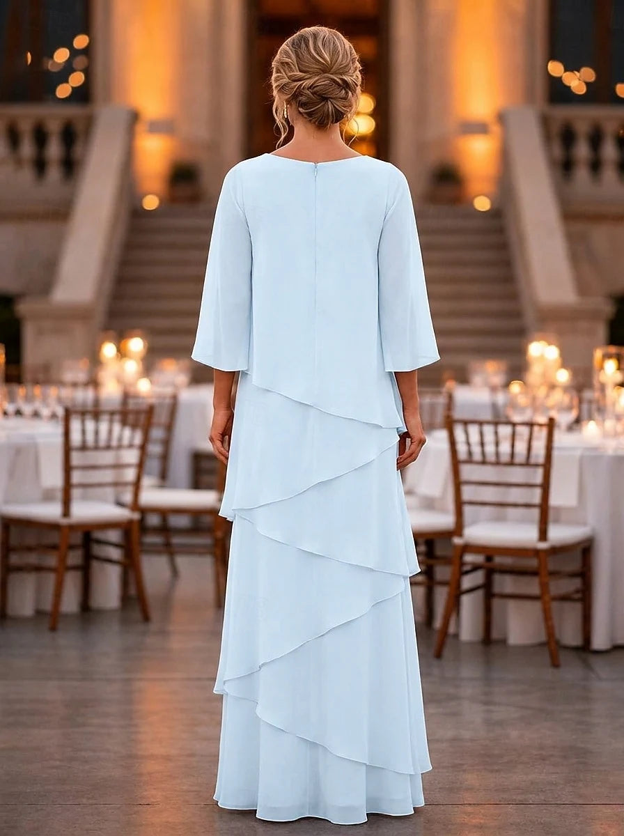 Elegant A-Line Boat Neck Sleeved Tiered Light Blue Maxi Prom Gown