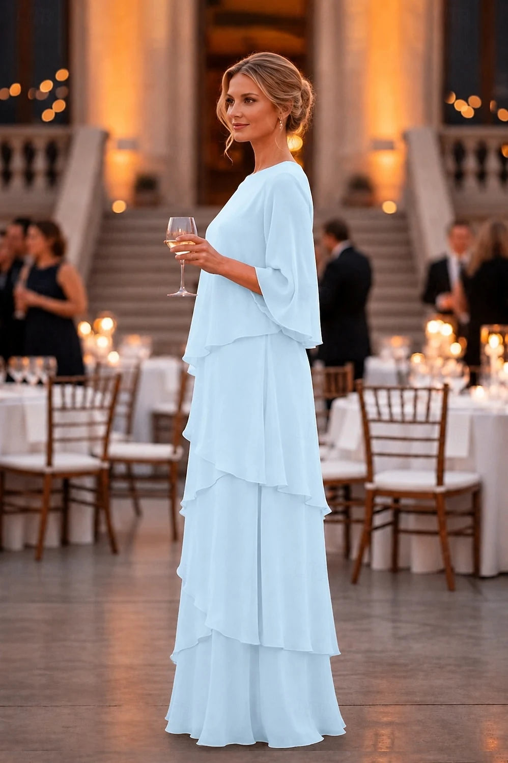 Elegant A-Line Boat Neck Sleeved Tiered Light Blue Maxi Prom Gown