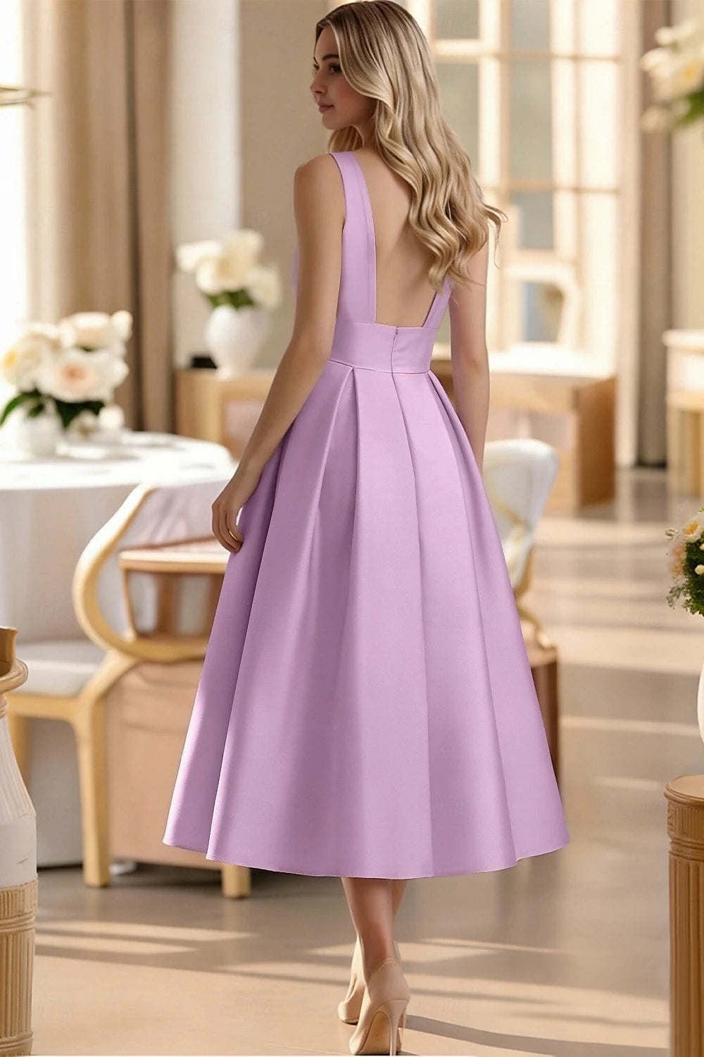 Elegant A-Line Boat Neck Sleeveless Floral Lavender Midi Prom Dress