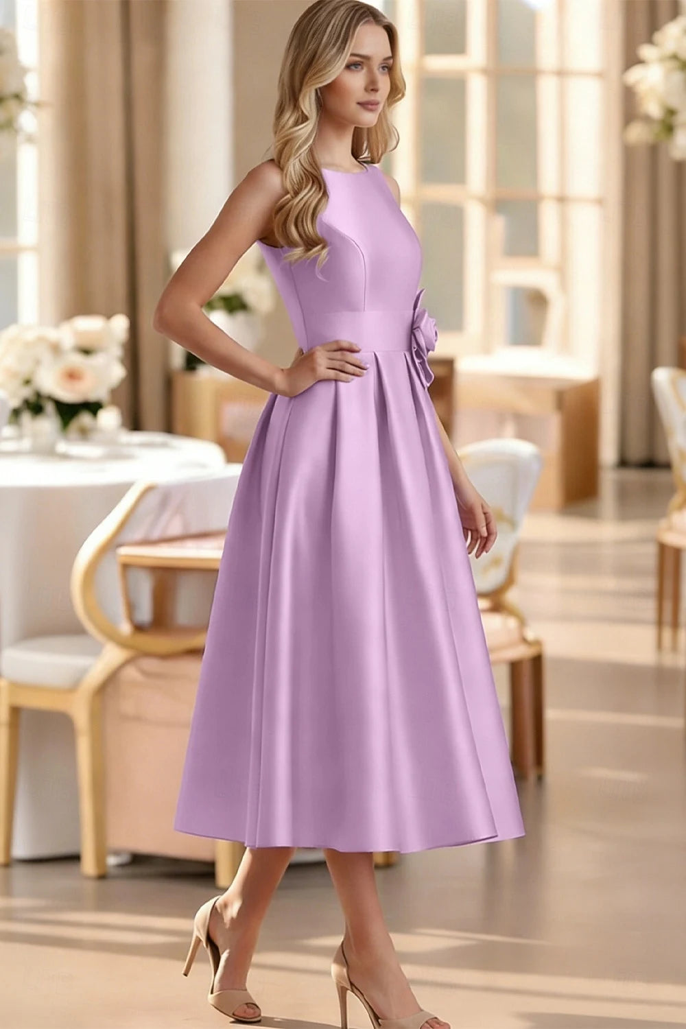 Elegant A-Line Boat Neck Sleeveless Floral Lavender Midi Prom Dress