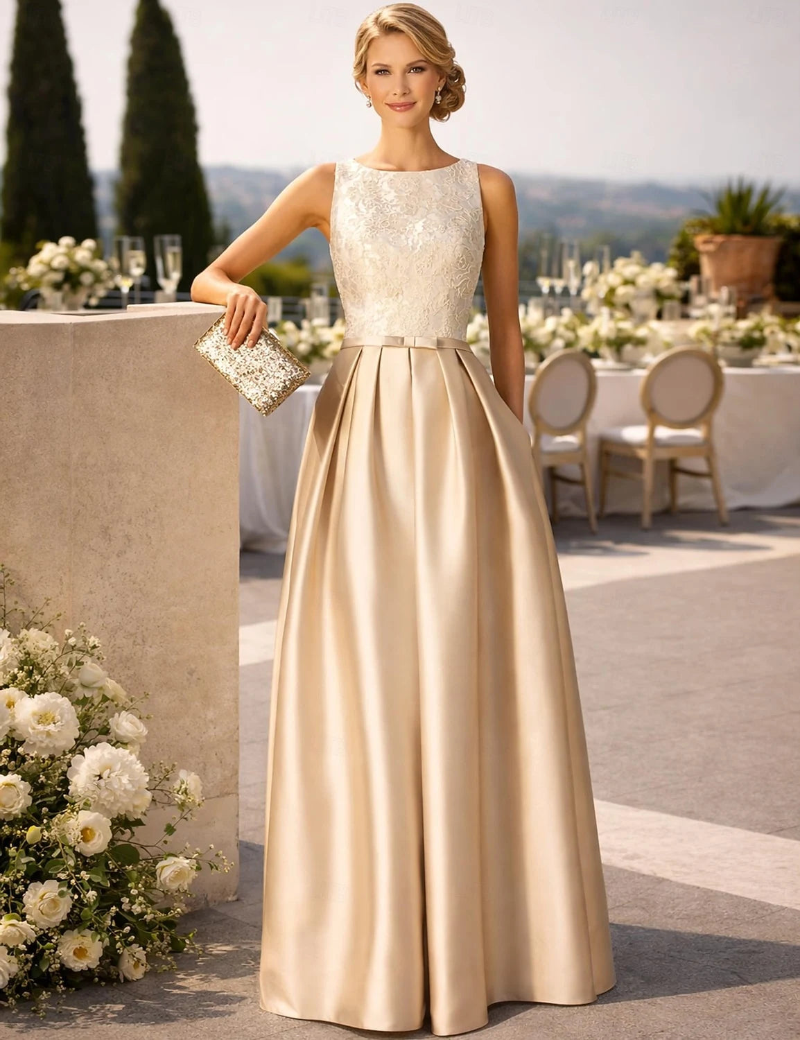Elegant A-Line Boat Neck Sleeveless Lace Champagne Floor-Length Evening Dress