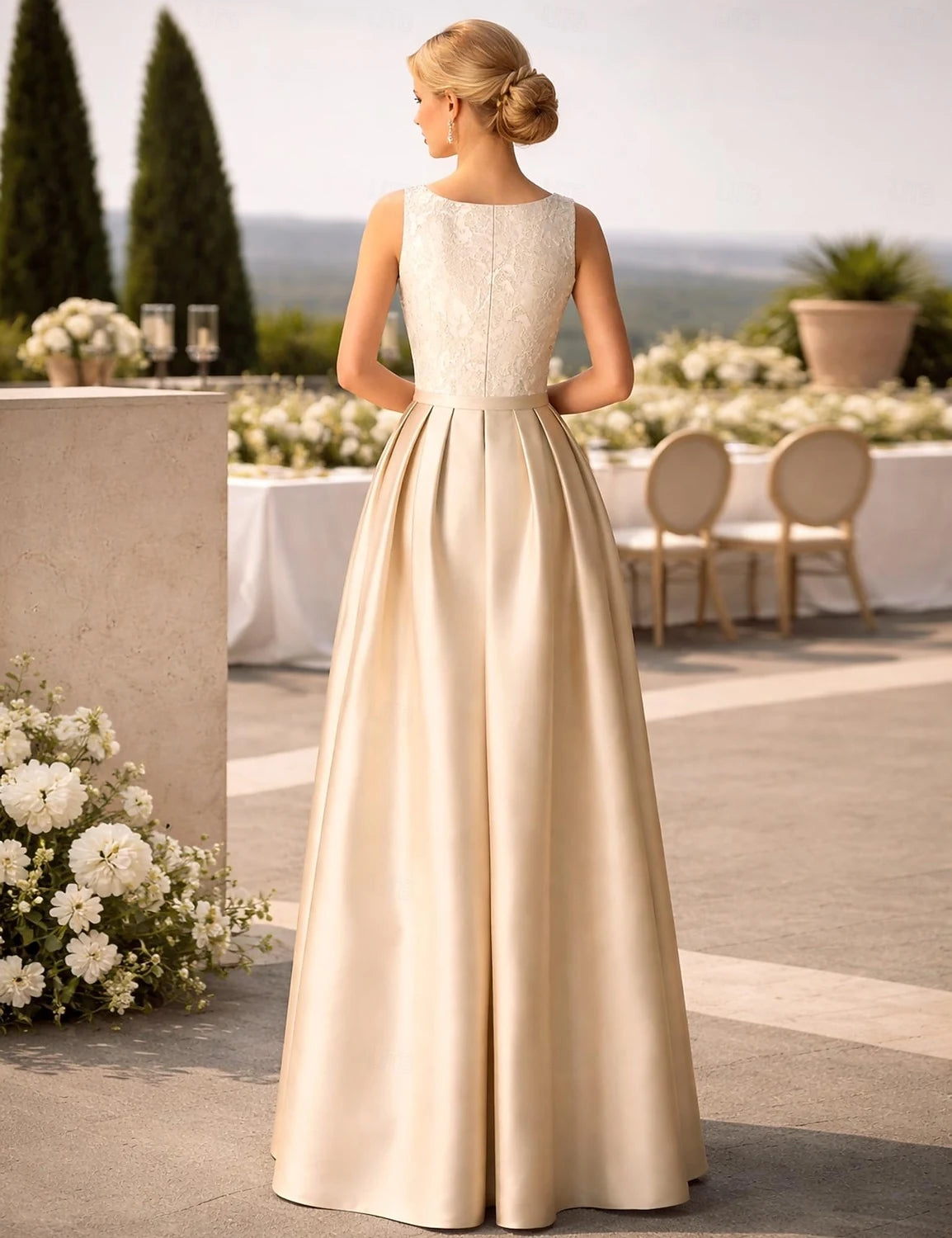 Elegant A-Line Boat Neck Sleeveless Lace Champagne Floor-Length Evening Dress