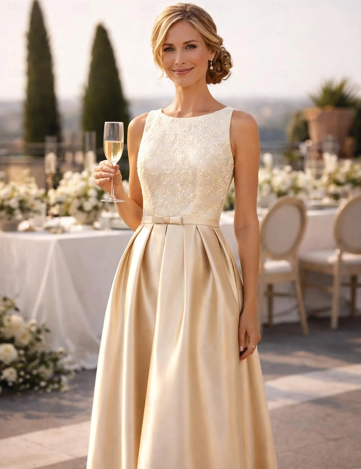 Elegant A-Line Boat Neck Sleeveless Lace Champagne Floor-Length Evening Dress
